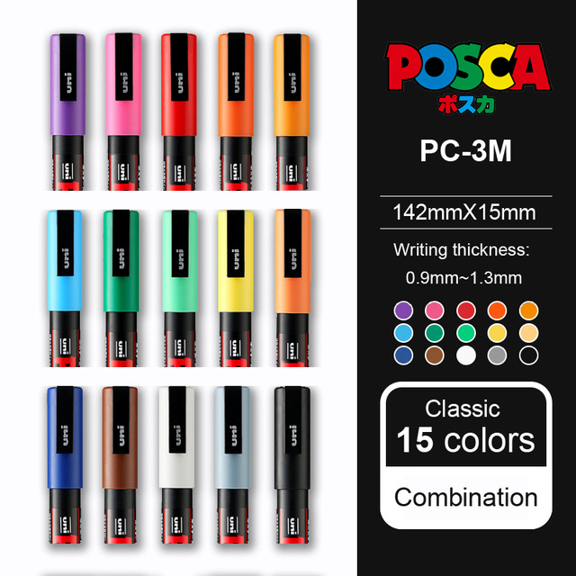 Uni Posca – ensemble complet de marqueurs de peinture acrylique, stylos PC-1M PC-3M PC-5M 7/8/12/15/24/29C pour peinture sur roche, Frabric, verre/métal, Graffiti: Terne