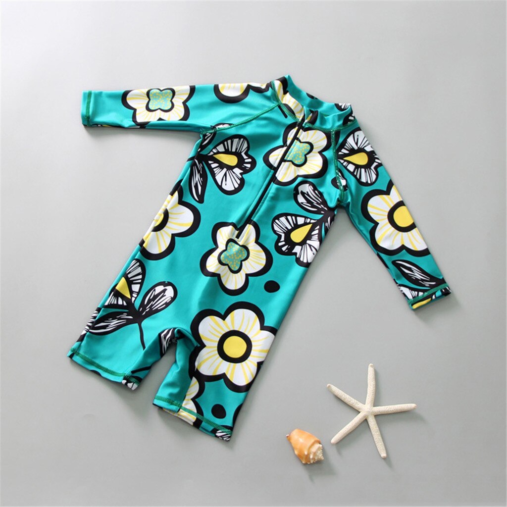 One-Piece Swimsuit for Girls Floral Print Zipper Front Long Sleeve Bikini Beachwear Cute Bathing Children's Swimsuit