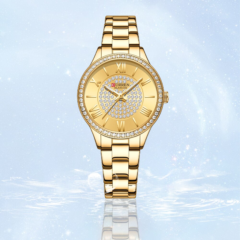 Curren Luxe Golden Dial Horloges Voor Vrouwen Met Rvs Band Mode Strass Dames Horloge Met Lichtgevende