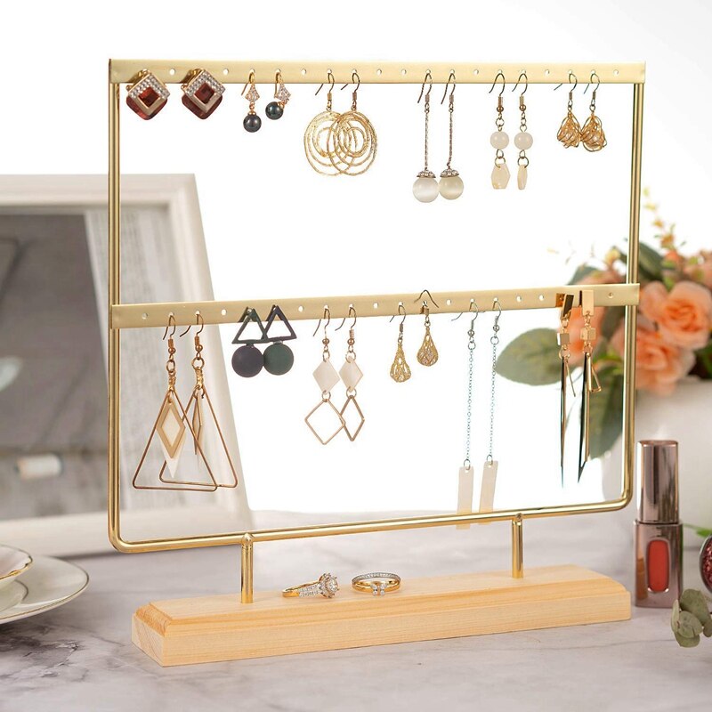 Gouden Oorbel Stand Oor Stud Houder Hout Oorbel Houder Sieraden Houder Rack Sieraden Stand Display Met Lade/Schotel Voor oorbellen Nec