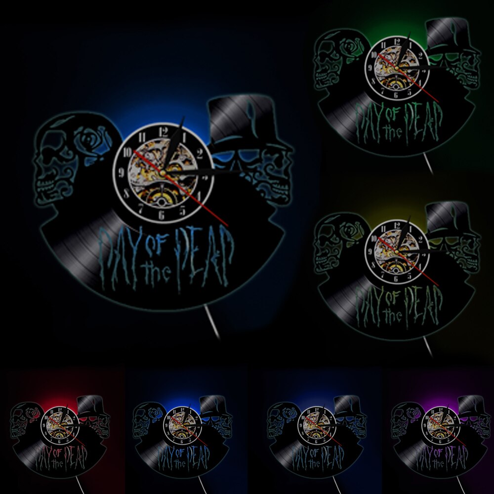 Dia De Muertos Day of the Dead Wall Clock Skulls Vinyl Record Wall Clock Halloween Death Skeletons 3D Hanging Watch Horror Decor: With LED