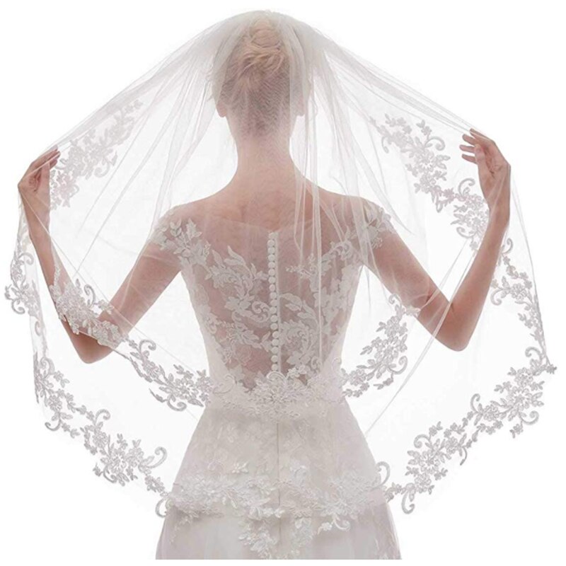 Belle dentelle côté incrusté fleurs mariage mariée voile une couche de gaze blanche doux net insérer peigne diadème mariée châle court voile: Default Title