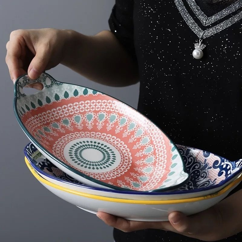 Bandeja de cerámica para hornear queso al horno, bandeja de pescado a la parrilla, plato Binaural, cuenco para hornear, horno microondas, Hotel especial, Comercial