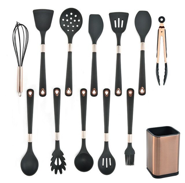 Zwarte Goud Keuken Kookgerei Siliconen Keukengerei Non Stick Plated Kookpot Set Spatel Pollepel Ei Kloppers Schop Gebruiksvoorwerpen Sets: 13PCS Storage Large