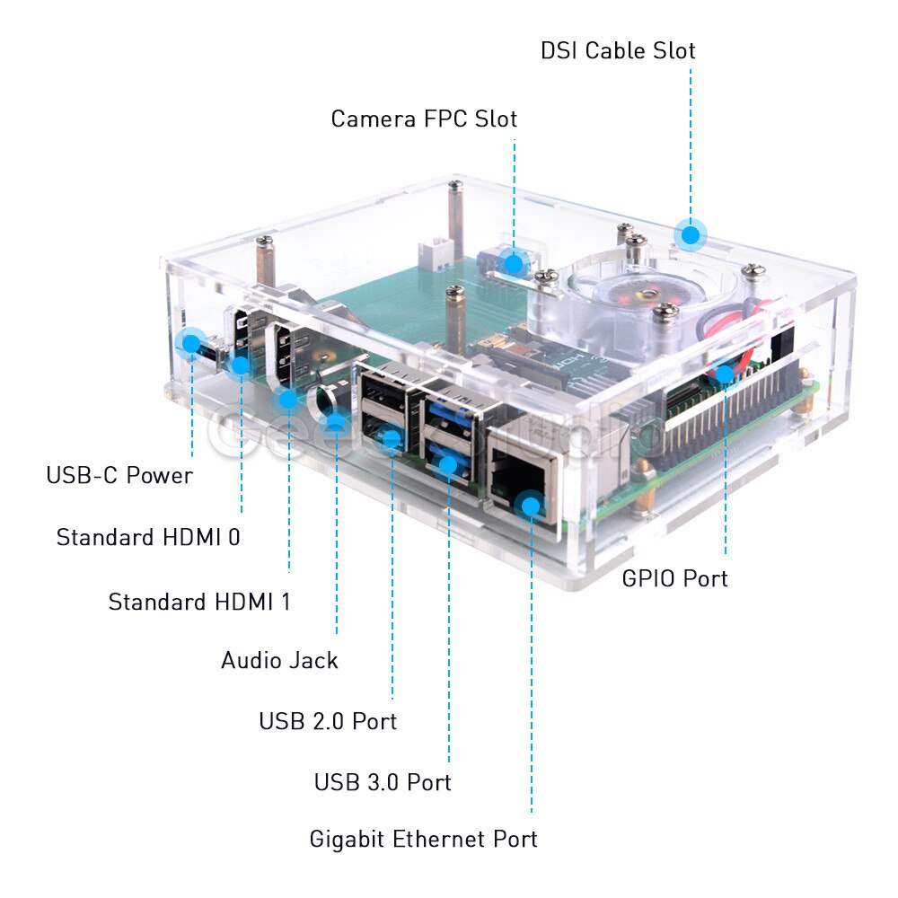 Acrylic Raspberry Pi set-top box kit with 4010 blue LED light fan and all aluminum heat sink for Raspberry Pi 4B