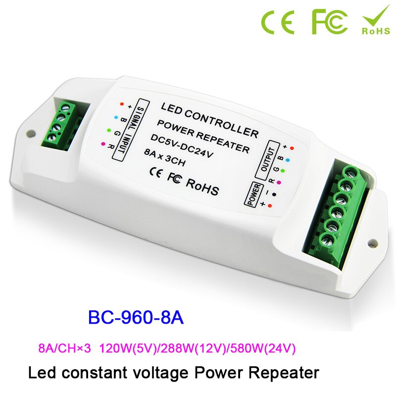 Dc5v-24v led-versterkers, 5a*3ch/8a*3ch/10a*1ch datarepeaters/led rgb/mono-versterkers pwm-versterkers voor ledstripverlichting: Bc-960-8a