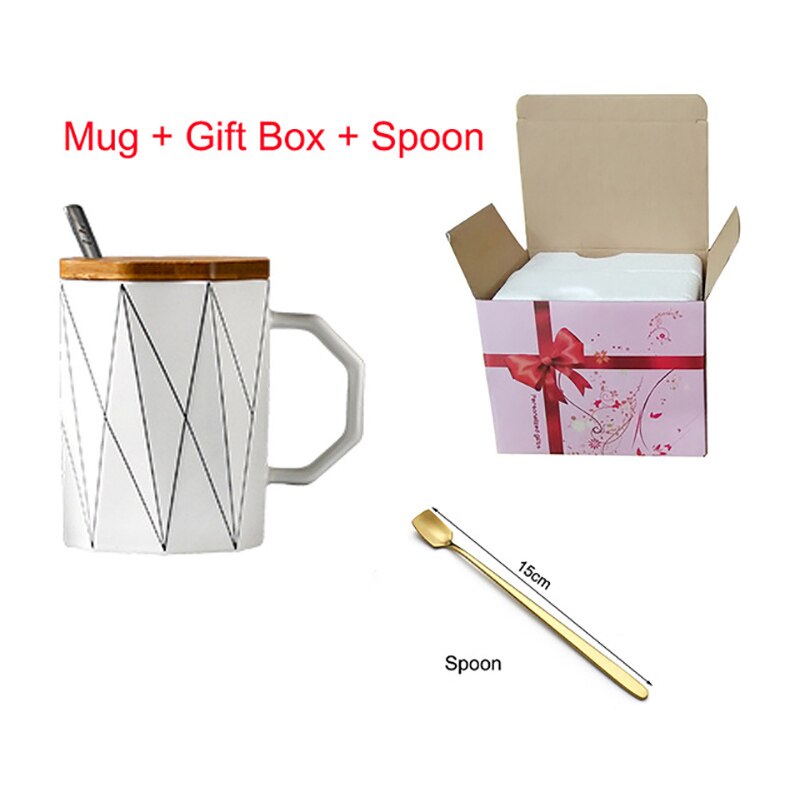 Taza geométrica mate creativa con tapa de bambú, cuchara de metal, tazas de cerámica de línea, para microondas Vaso de Leche, artículos para beber para el hogar y la Oficina, 400ml: 05