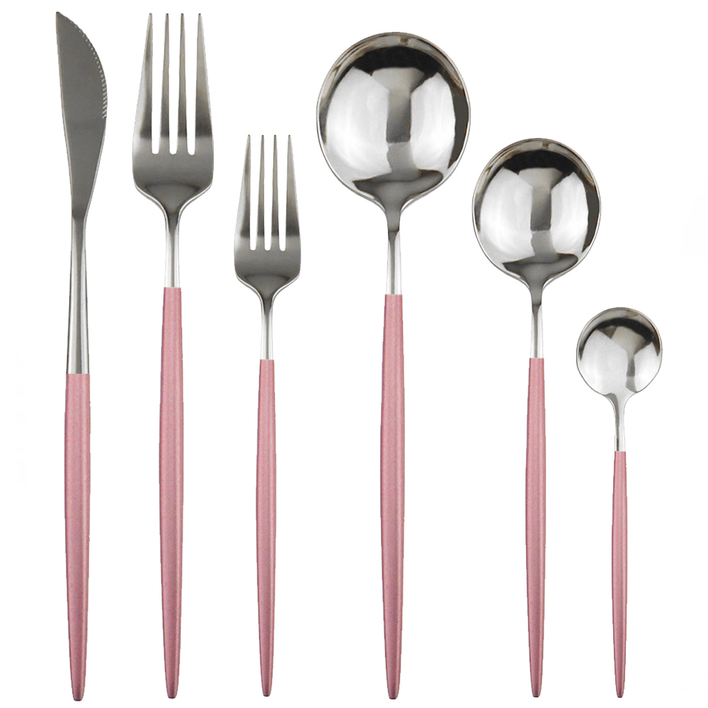 6Pcs Red Flatware Set Knife Fork Spoon Cutlery Set 304 Stainless Steel Dinnerware Set Mirror Green Gold Tableware Set Silverware: Piink Silver