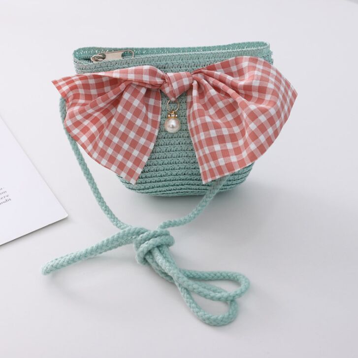 Zomer Kind Prinses Leuke Cartoon Stro Hoed Met Handtassen Tassen 2 Stuks Een Set Kids Meisje Baby Boog Plaid panama Zonnehoed: Bag  blue