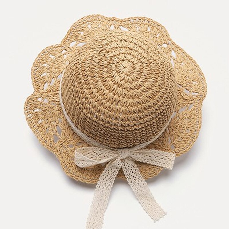 Summer Children&#39;s straw hats Baby girls breathable lace Cap bow Beach Sun Hat Wide brim Kids Princess travel sunshade Hat: khaki / S(7-24 Months)