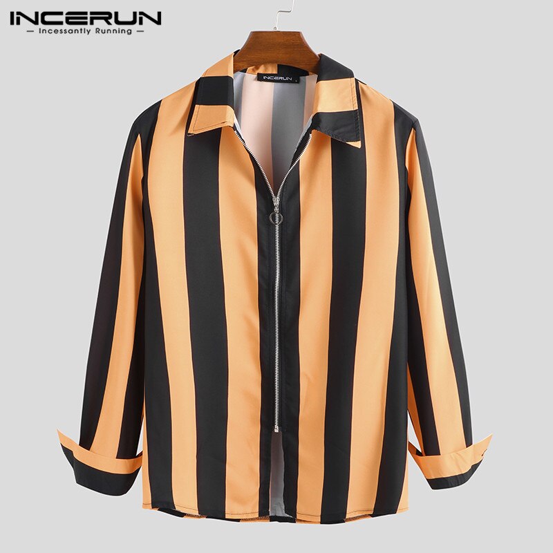 Stribede skjorter herre langærmede turn-down krave lynlåse streetwear stilfulde slim fit toppe chic camisa herre skjorte incerun 5xl: Brun / L