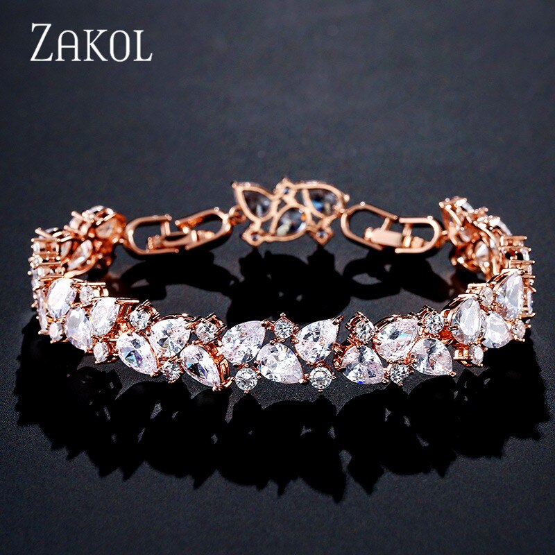 ZAKOL Shiny Cubic Zirconia Women Bracelets Bangles for Brides CZ Leaf Engagement Wedding Jewelry FSBP2104