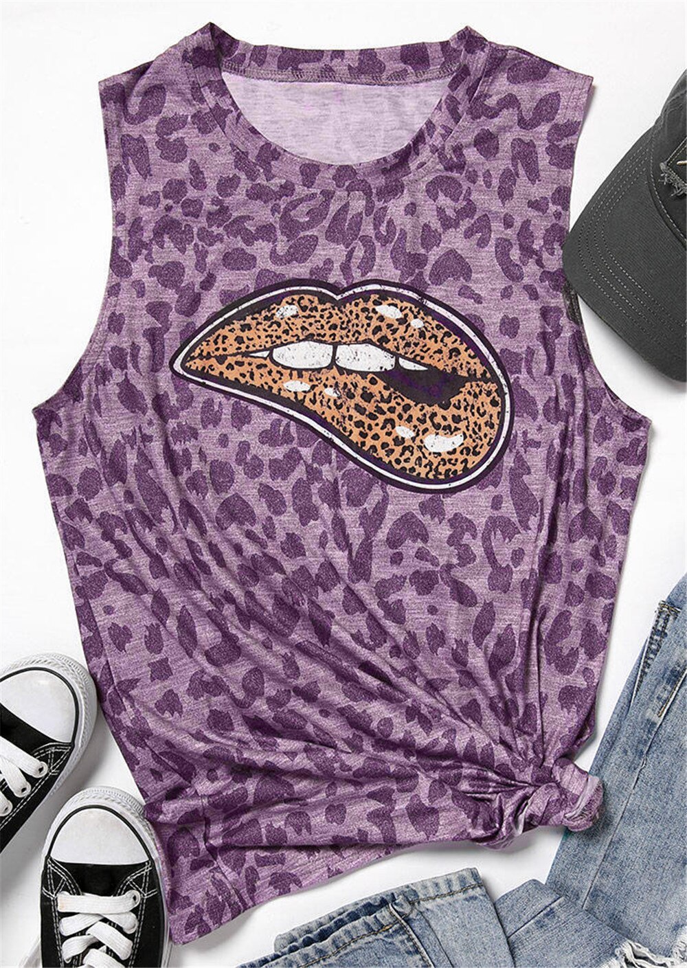 Luipaardprint dames tanktops met panterprint, ronde hals, mouwloos, oversized tanktop, dames zomer harajuku kleding: Paars / S