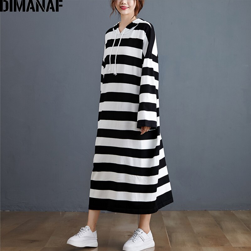 DIMANAF-vestido para mujer en tallas grandes estampado de otoño algodón rayado con capucha, ropa femenina, informal, suelto, manga larga