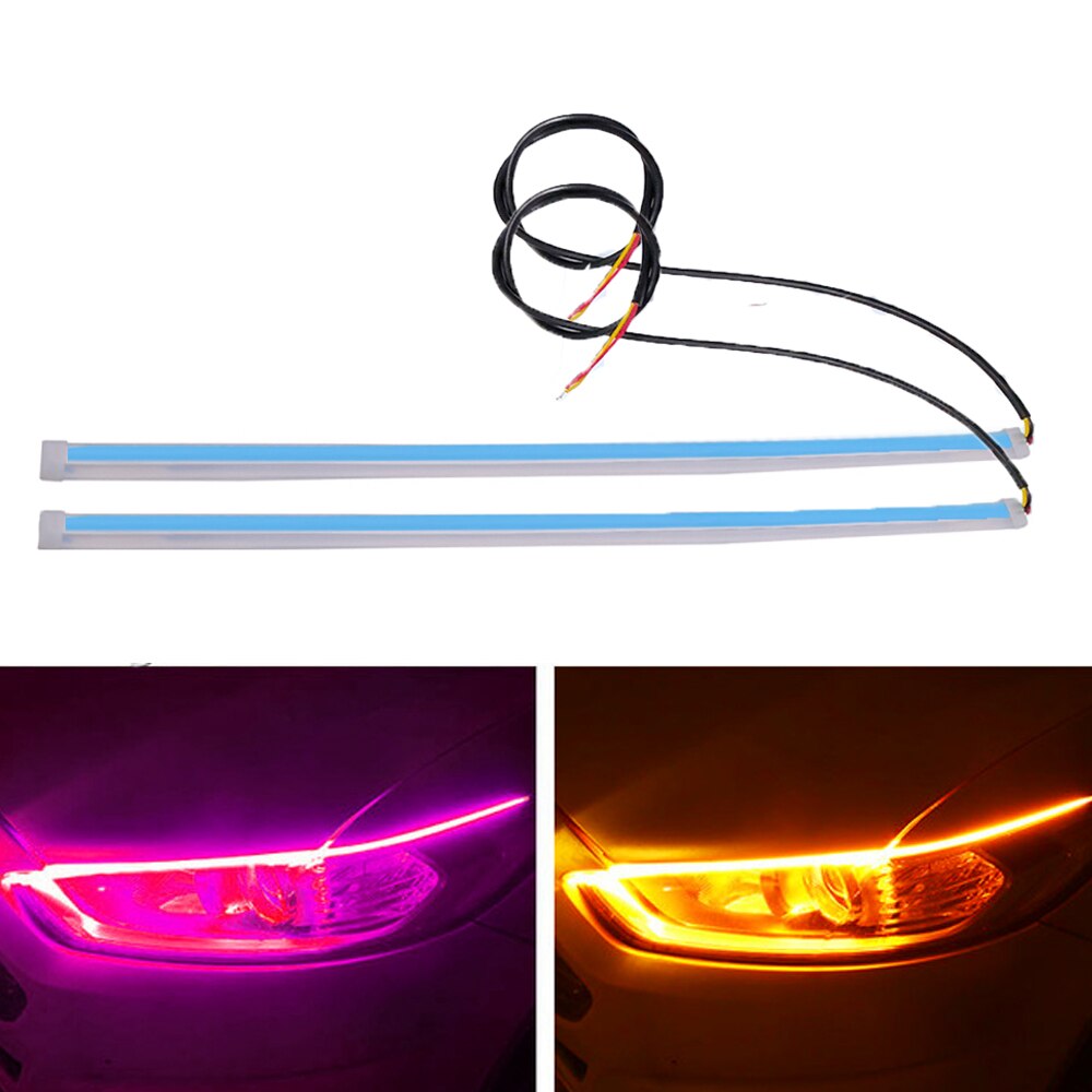 2 pièces LED DRL voiture feux diurnes Flexible bande étanche Auto phares blanc clignotant jaune feux de circulation de frein 12V: Pink to Yellow / 45cm ( 17.72inch )