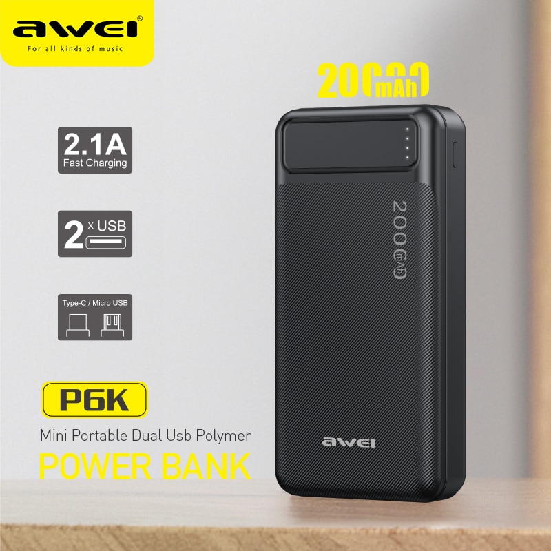 Awei P6K 20000Mah Draagbare Power Bank Dual Type A Usb A En Type C Micro Dual Input Snelle Lading voor Werk Reizen Voor Mobiele Telefoon