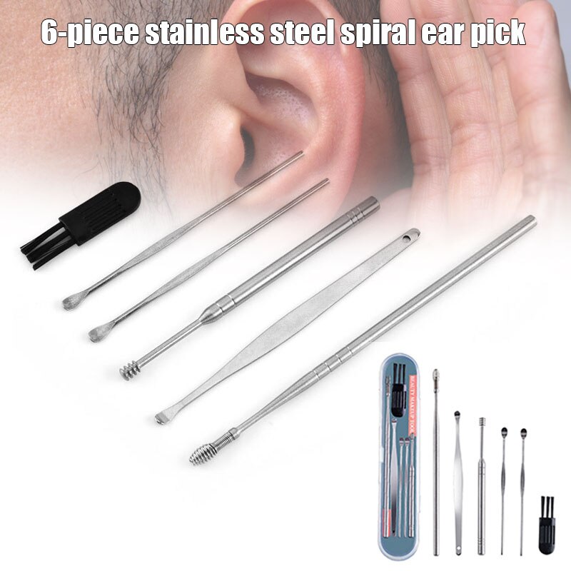 Earwax Removal Cleaner Tool Kit 6-Piece Earplug Kit with Storage Box Stainless Steel Spiral Ear Curette Set sy998