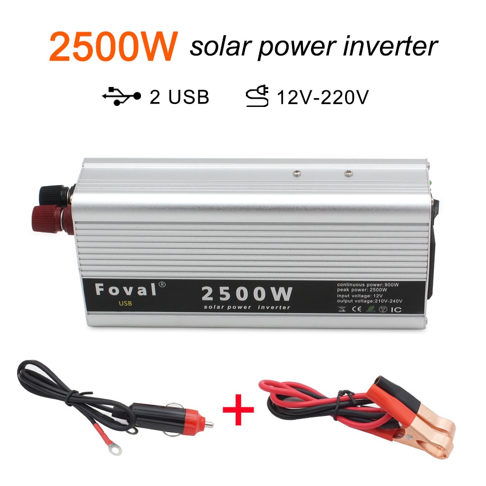 Onduleur de puissance de crête 2500W 12V à 220V pour voiture solaire, onduleur automatique à onde sinusoïdale modifiée, double port usb et prise allume-cigare