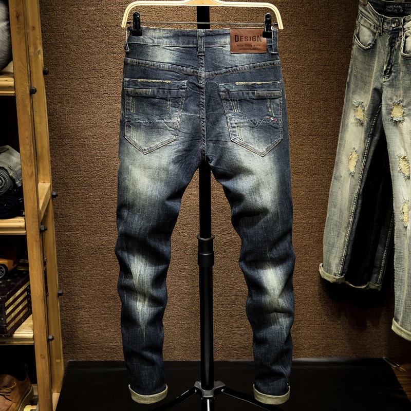 Heren Donkerblauwe Jeans Broek Denim Slim Fit Elastische Casual Punk Jeans Mannen High Street Vintage Gekrast Mode Zakken