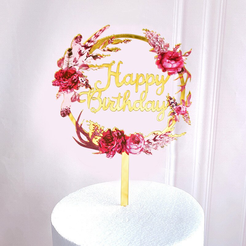 Fowers tillykke med fødselsdagskage topper gylden akryl fødselsdagsfest dessert kage dekoration til pige baby shower bagning forsyninger