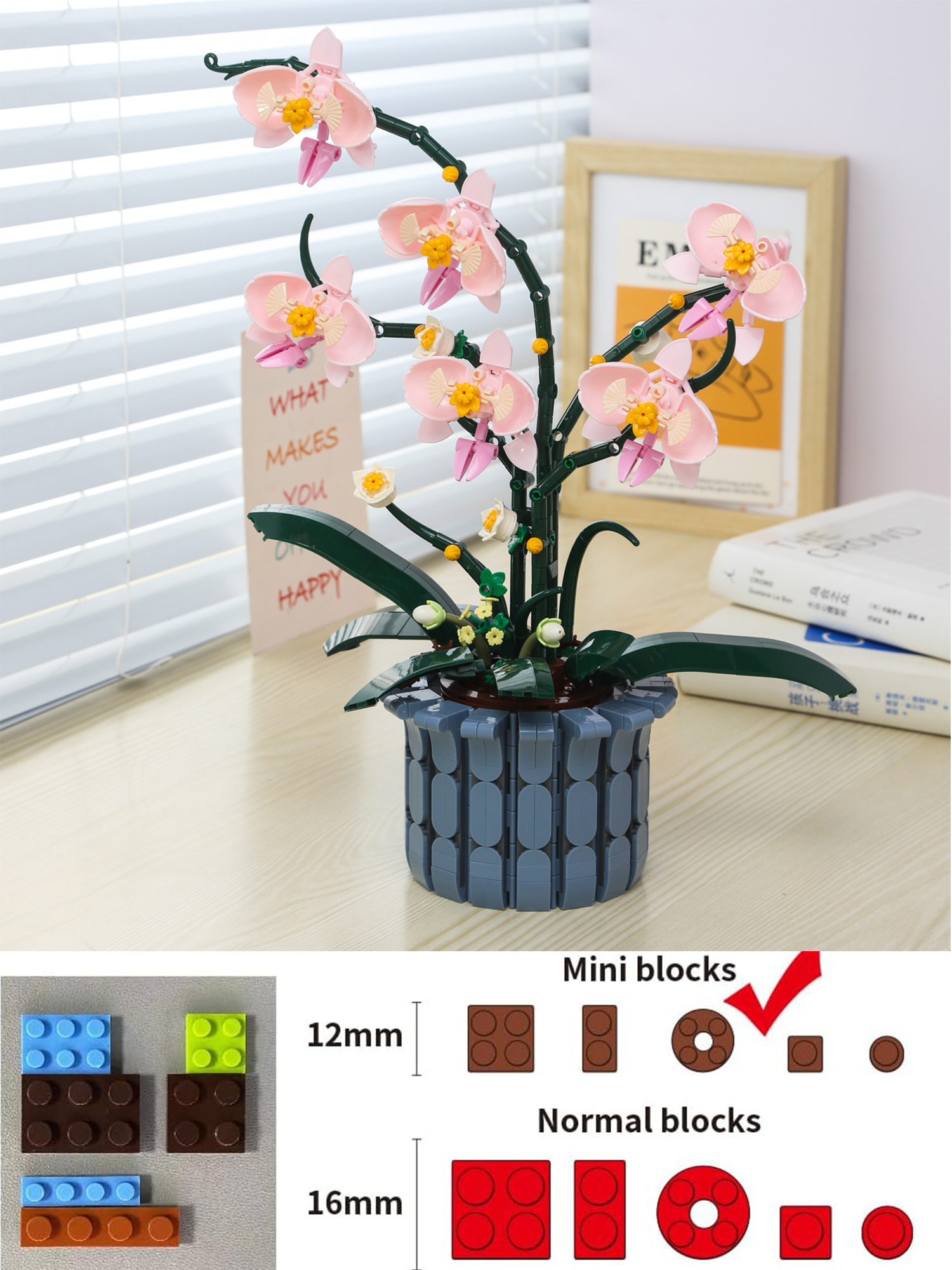 Orchideen-Baustein-Set, Künstliches Blumentopf-Set, Baustein-Set für Erwachsene, DIY Modell eines künstlichen Topfpflanzen-Modells, Geeignet für Wohnzimmer- und Schlafzimmerdekoration, Dauerhaftes Blumentopf-Modell, Ideales für Blumenliebhaber und Baustein-Sammler