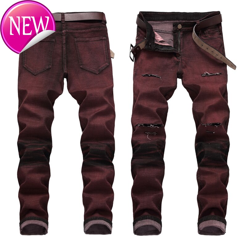 Mannen Slim Stretch Jeans Biker Gat Gescheurd Cowboy Broek Mannelijke Rode Wijn Broek