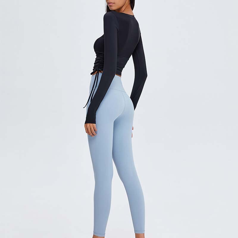 Top de manga larga y cuello redondo para mujer, Tops cortos con cordones en la cintura, ropa de gimnasio de realce para correr, ropa deportiva de entrenamiento, blusa de Yoga elástica para Fitness