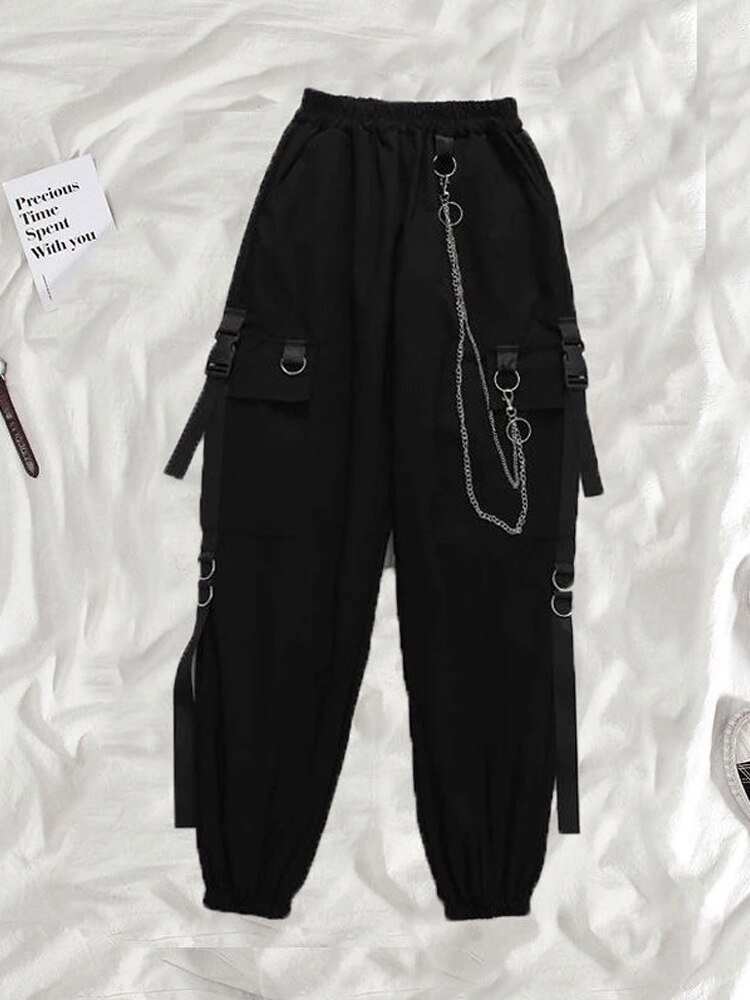 HOUZHOU-pantalones Cargo Harajuku con cadena para mujer, pantalón Punk, estilo Hip Hop, gótico, negro, ropa de calle