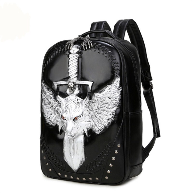 Rock style 3d ulv unisex rygsæk pu læder rygsæk vandtæt mænd kvinder taske skole drengetasker: Sølv