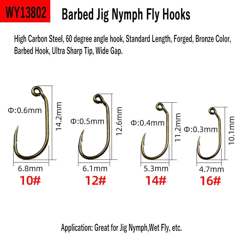 Wifreo 30Pcs 60 Graden Prikkeldraad Jig Vliegbindset Haak Brede Kloof Trout Vishaken #10 #12 #14 #16