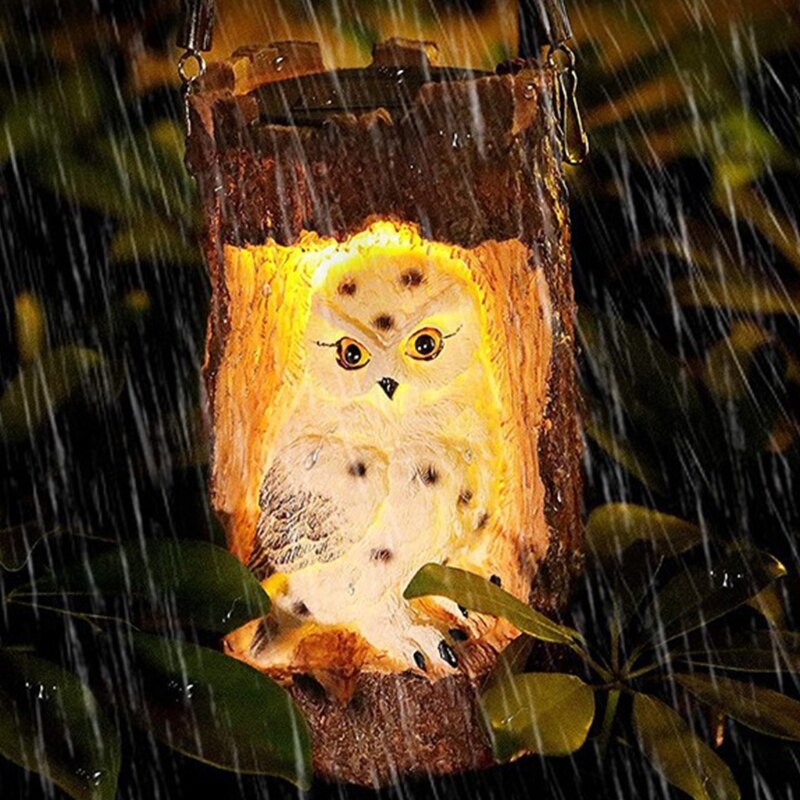 Cute Tree Stump Owl Solar Chandelier Waterproof Simulation Carving Decoration Outdoor Courtyard Garden Hanging Lamp