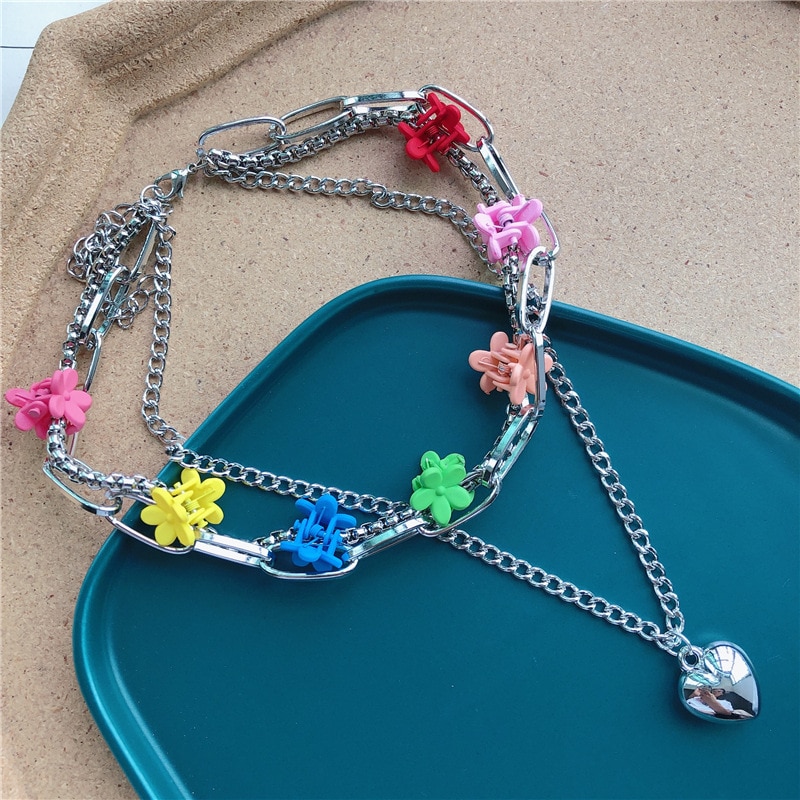 Kleurrijke Bloem Clip Multi-layer Hart Hanger Ketting Metalen Lijn Lock Chain Kettingen Voor Vrouwen Koreaanse Sieraden