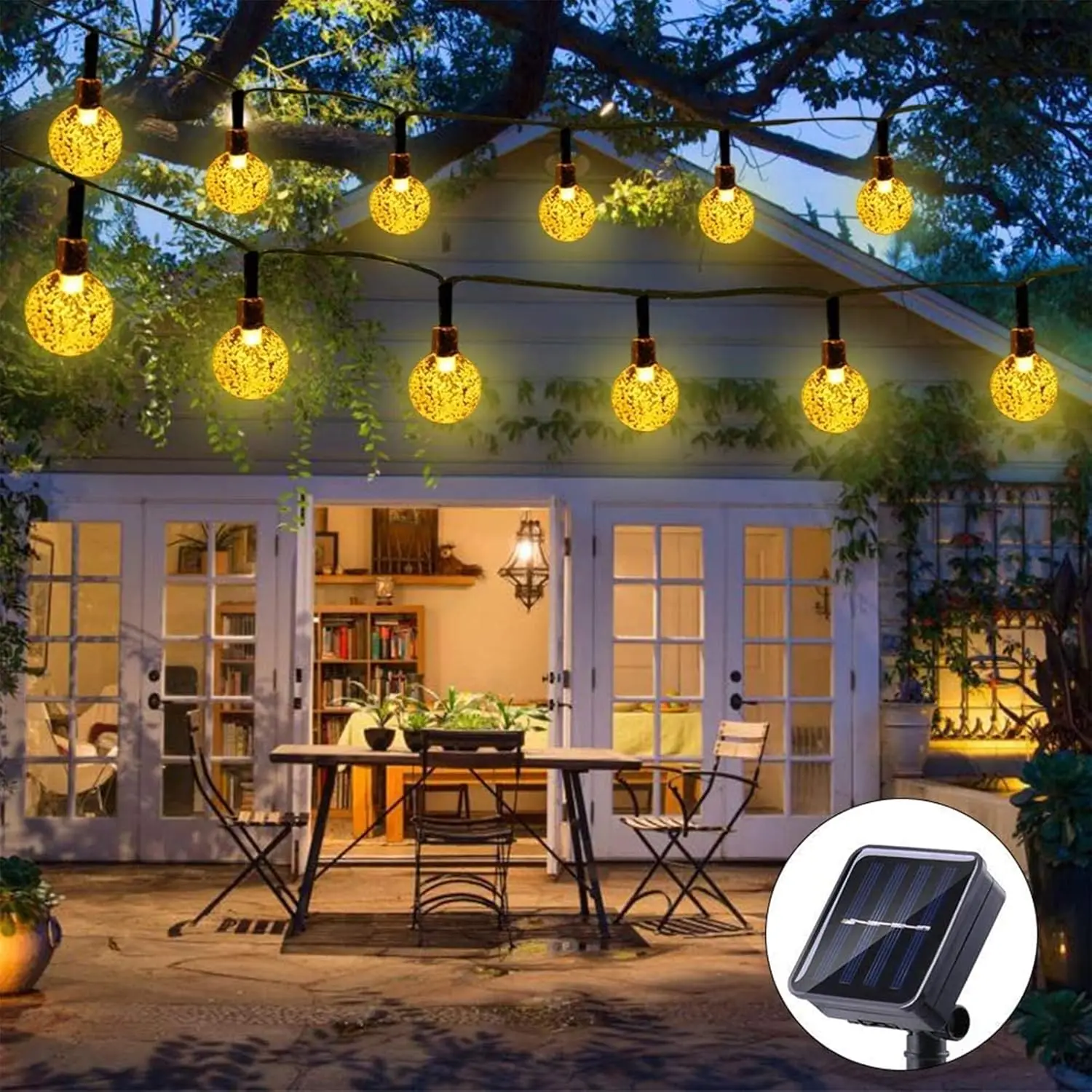 Luzes solares da corda ao ar livre 50 luzes conduzidas da bola de cristal com 8 modos à prova dwaterproof água solar conduziu luzes solares exteriores