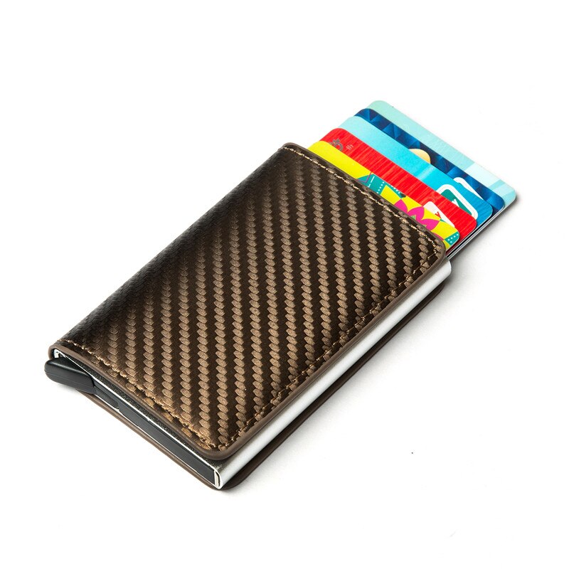 Bycobecy Clutch Pop-Up Smart Wallet Cardbon Fiber Rfid Metalen Kaarthouder Lederen Aluminium Doos Slanke Dunne card Case: Brown TQ012