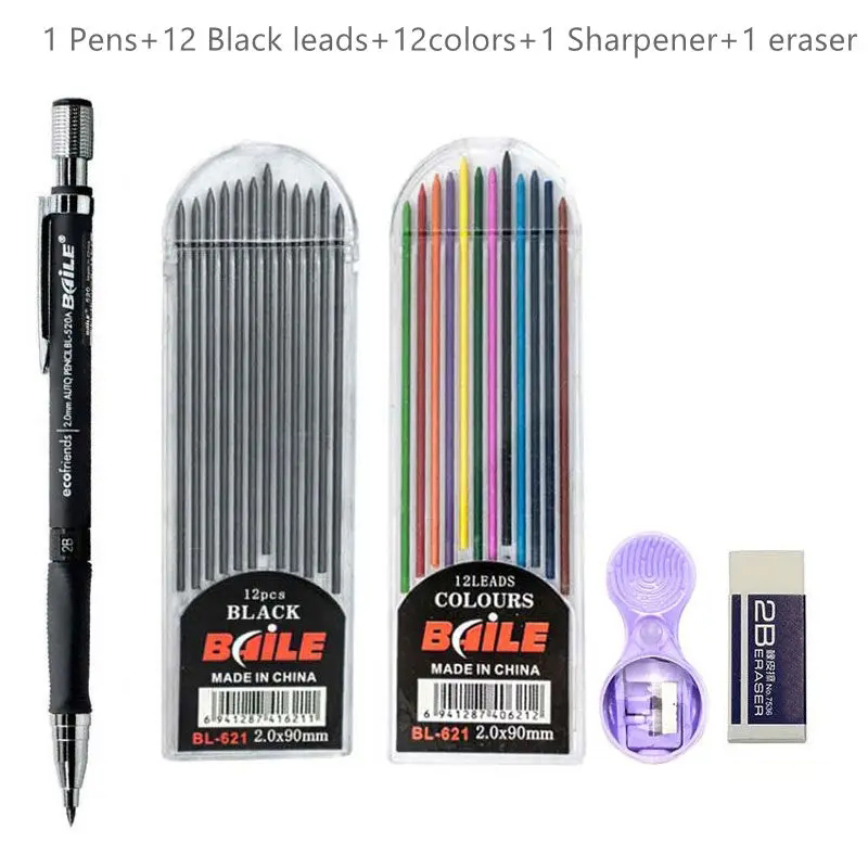 2.0mm Mechanical Pencil Set 2B Automatic Pencils with Color/Black Lead Refills for Draft Drawing, Writing, Crafting, Art Sketch: Clear