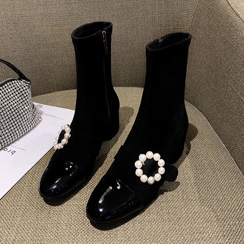 Boots Ladies Woman Round Toe Platform Flats Pearl Short Boots For Women Fabric Stretch Ankle Boot Low Heel
