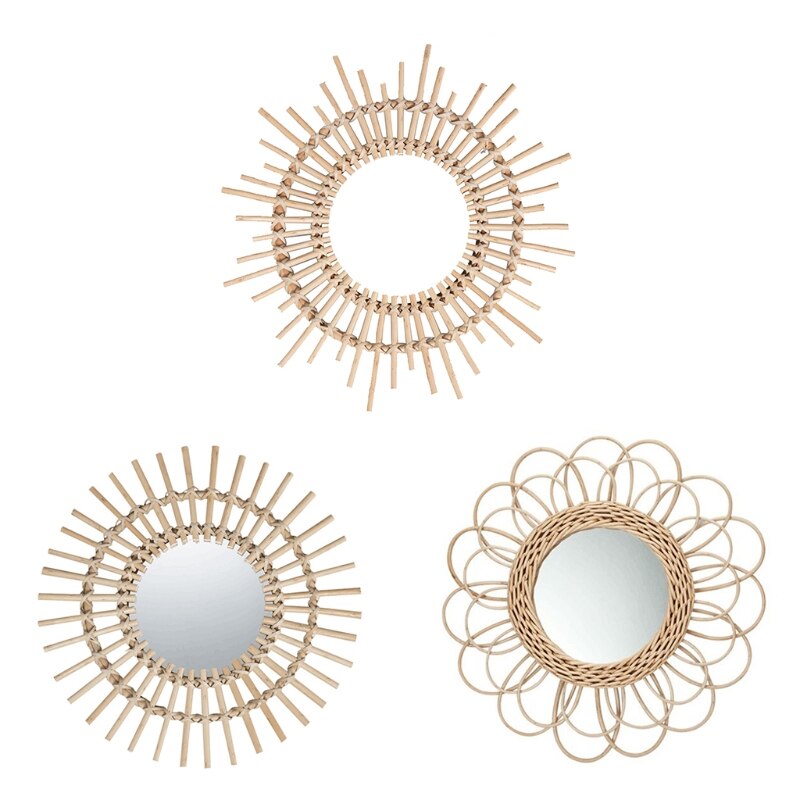 Sun Shape Decorative Mirror Rattan Innovative Art Decoration Round Makeup Mirror Dressing Bathroom Wall Hanging Mirror