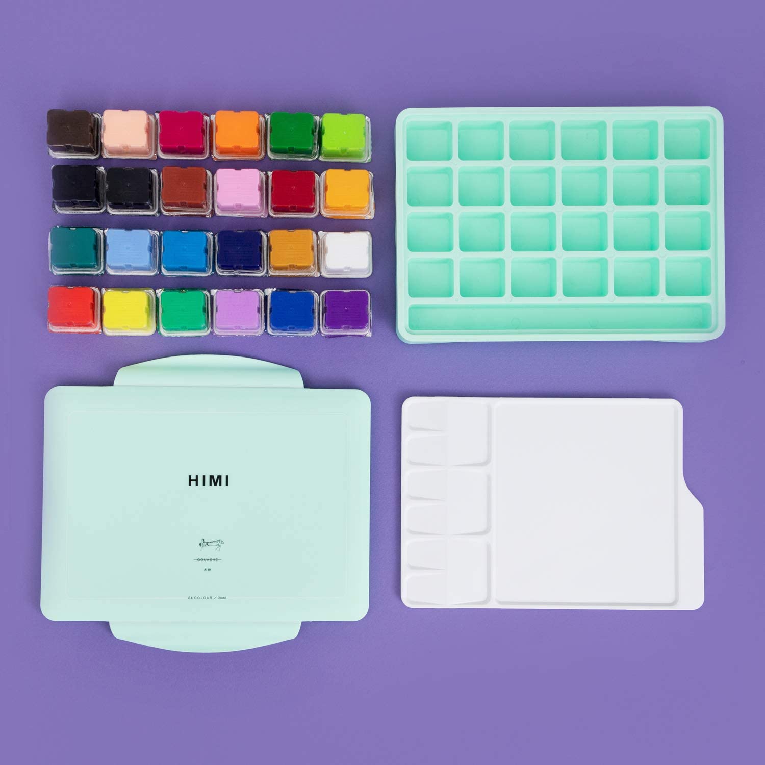 HIMI MIYA Gouache Paint Set 18/24 Colors 30ml Unique Jelly Cup Portable Case with Palette and 3 Paint Brushes For Artist