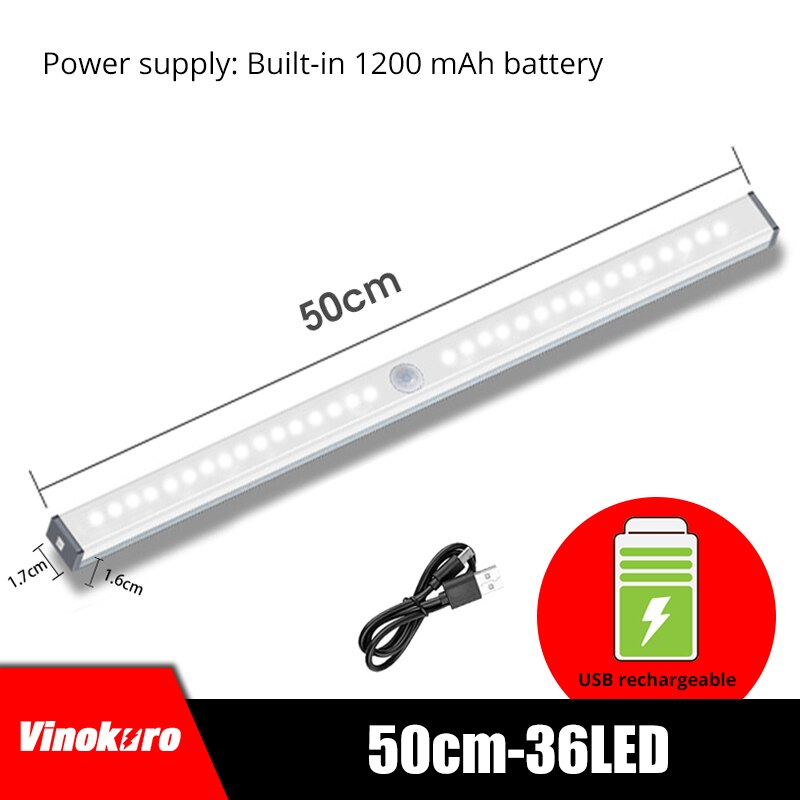 LED veilleuse capteur de mouvement armoire lampe USB Rechargeable placard nuit lampes pour garde-robe cuisine chambre étape éclairage: 50CM-36LED / White light