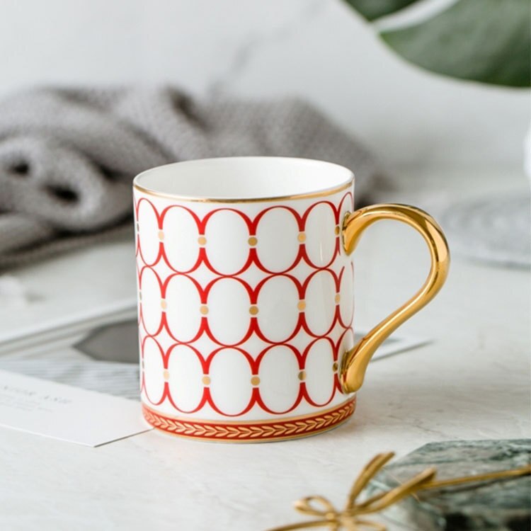 Tasse à café de luxe de Style britannique, 350ml, avec rayures dorées, en porcelaine, pour Couple, avec boîte: Circle Red (681)