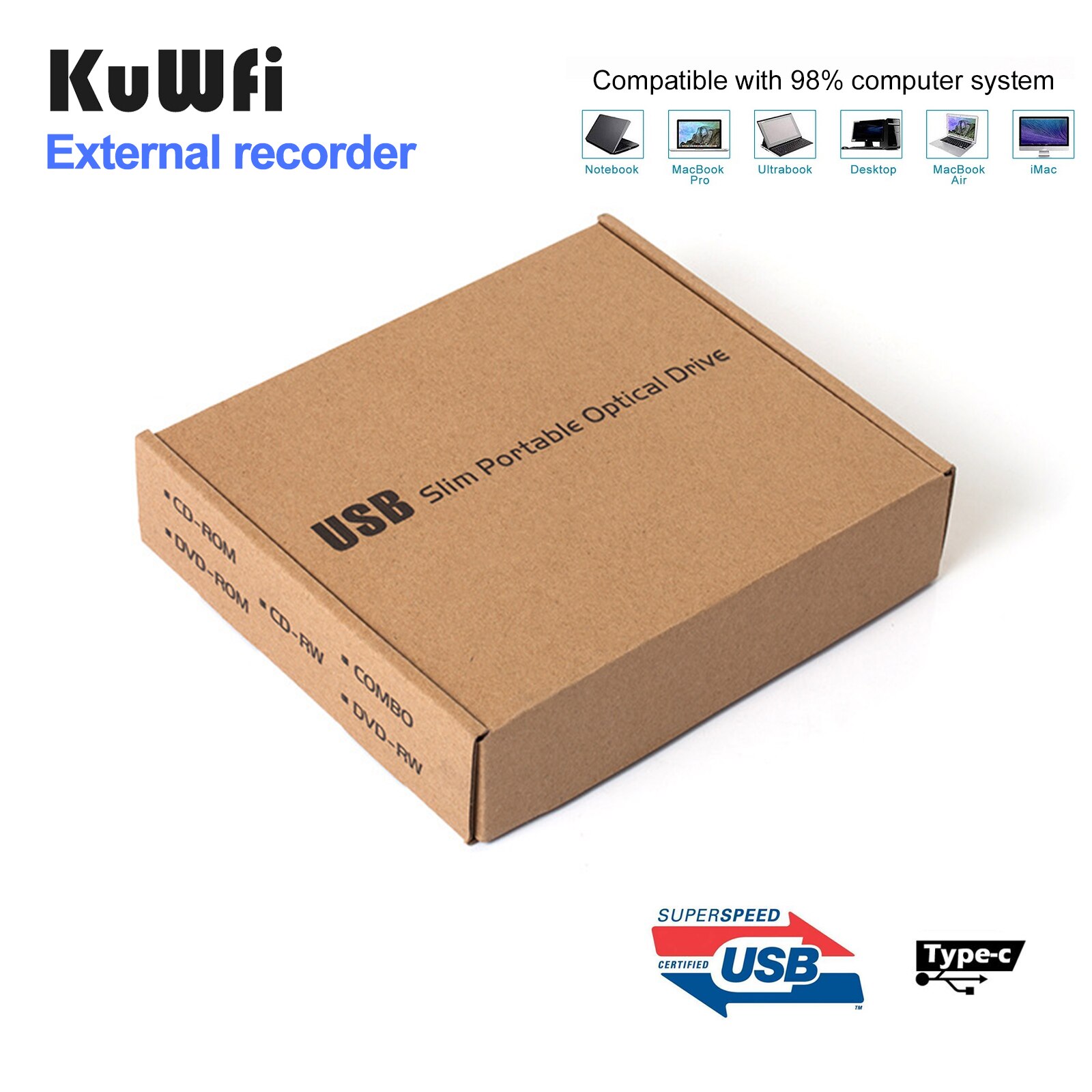 KuWFi-grabador de DVD externo USB 3,0 tipo C, Unidad óptica, reproductor de CD/DVD ROM para ordenador portátil, MACs OS, Windows XP/7/8/10