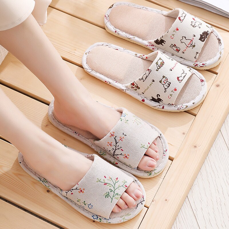 Women Casual Floral Print Indoor Home Slippers Soft Guest Slippers Spring Autumn Foam Bottom Flip Flops Linen Slides Slippers