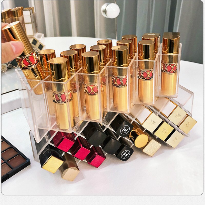 48/32/16 Lattices Plastic Lipstick Organizer Standing Makeup Storage Rack Table Lip Gloss Holder Transparent Cosmetics Container