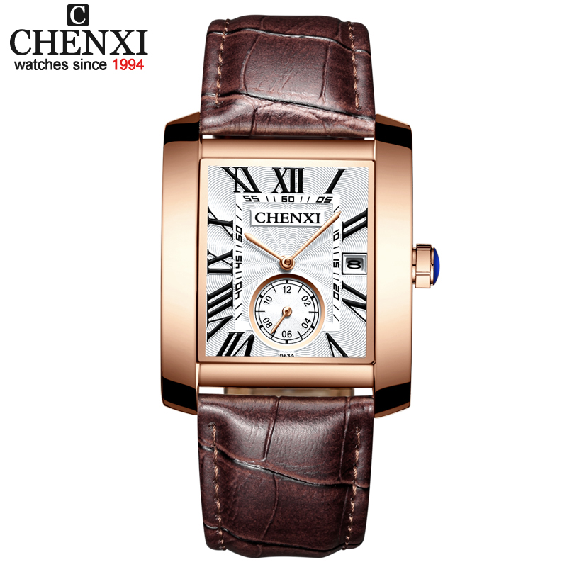 Chenxi firkantet ur herreure analoge kvarts armbåndsure herre læder vandtæt dato kronograf montre homme: Brun hvid