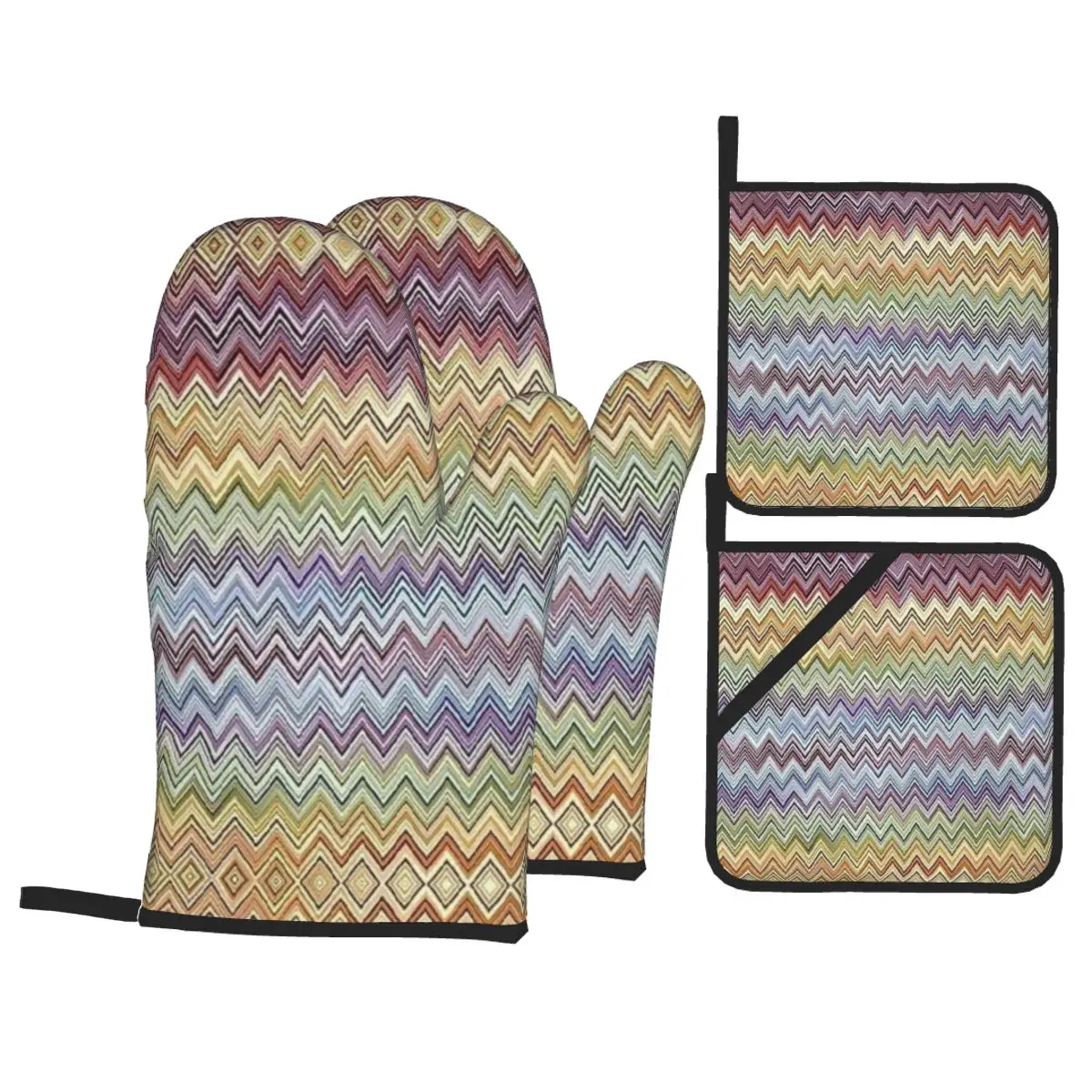 ZigZag Oven Mitts and Pot Holders 4pcs Set for Baking Cooking Non-Slip Heat Resistant Geometric BBQ Kitchen Gloves Potholders: Colorful