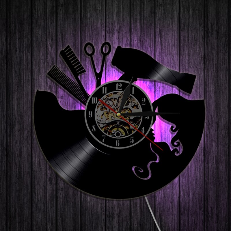 Reloj de pared con disco de vinilo para peluquería, dispositivo LED 3D de moderno para decoración del hogar, barbería y salón de belleza