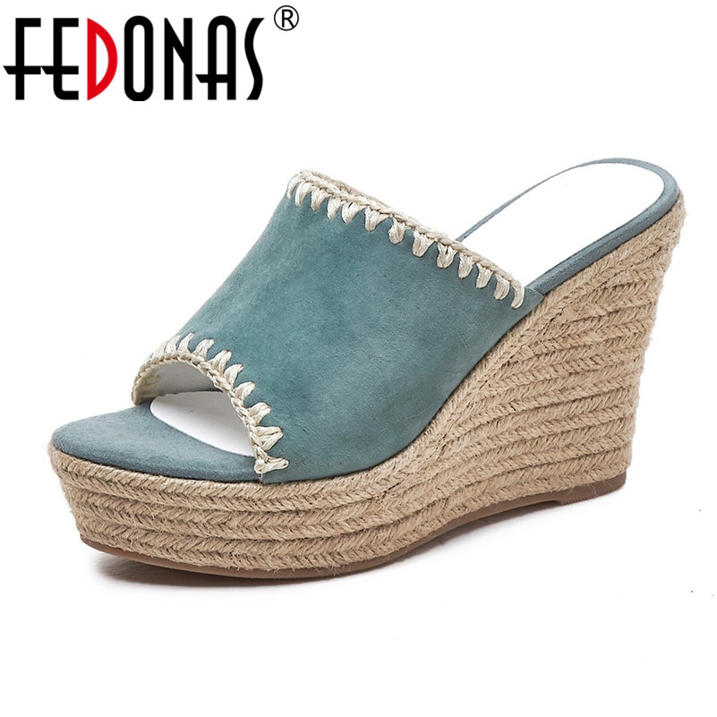 FEDONAS Summer Vintage Round Toe Platforms Super High Heels Casual Shoes Woman Solid Kid Suede Women Sandals Slip On Shoes