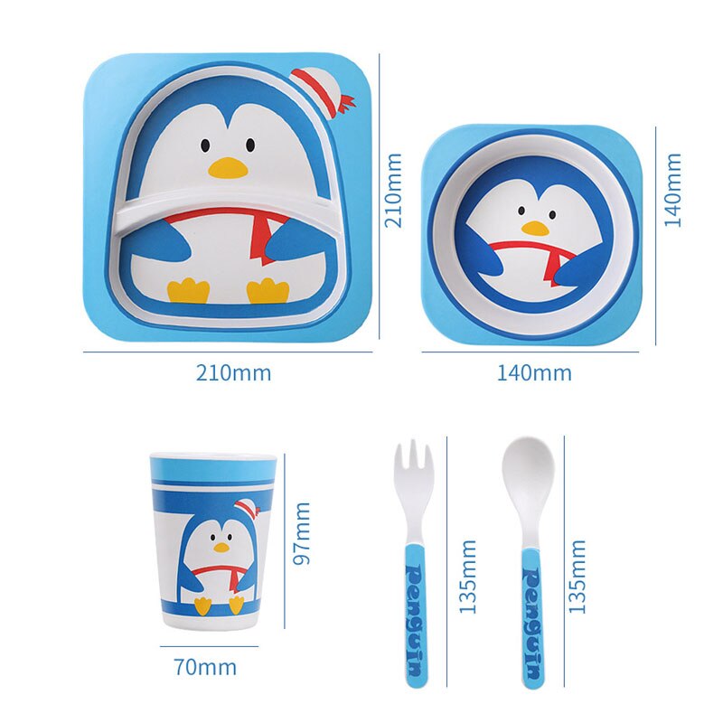 5pcs/set Animal Zoo Baby Plate Bow Cup Forks Dinnerware Feeding Set 100% Bamboo Fiber Baby Children Tableware Set