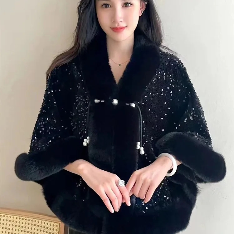 Poncho Mantel Schal Damen Herbst Winter Kurzer Druck Plüsch Verdickter Nachahmung Kaninchenfell Kragen Cheongsam Hochzeit Cape Mantel: Grau
