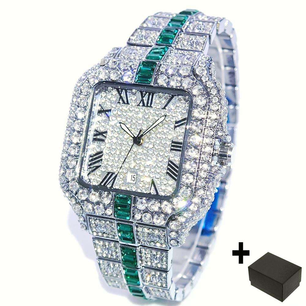 Luxury Red Diamond Watches Men Brand UNIGUET Hip Hop Iced Bling Jewelry Wristwatch Man Waterproof Square Quartz Clocks: BRONZE